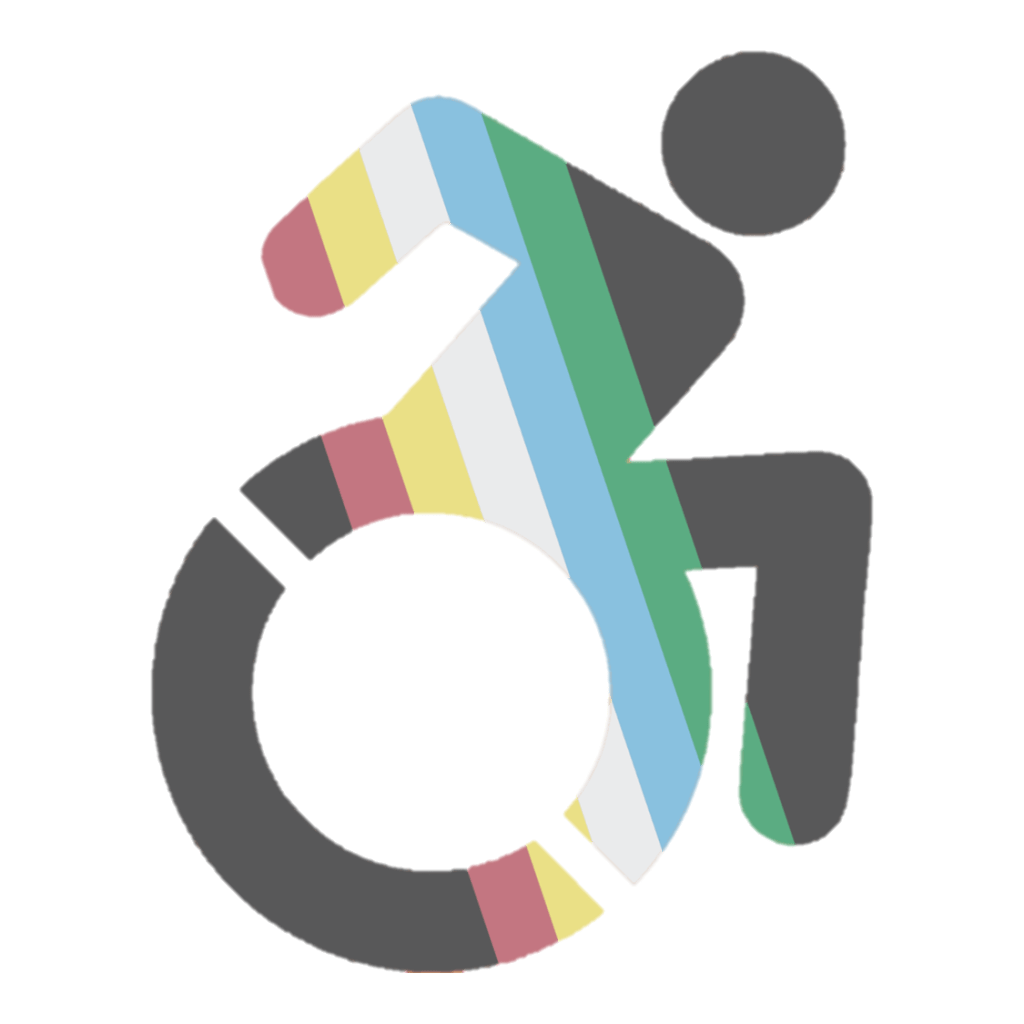 Plain logo of a person in a wheelchair in  an action pose but the logo has been filled with the colourful stripes of the Disability Pride flag.